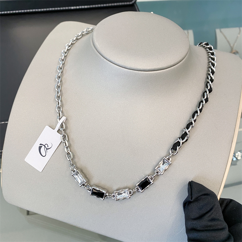 钛钢皮质项链 黑白宝石皮绳拼接 N1291 