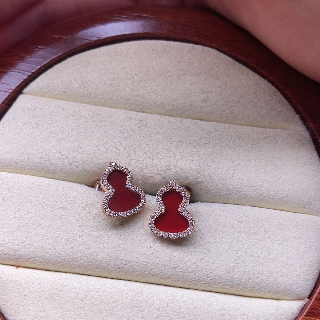 钻石耳饰18K金镶嵌红玛瑙葫芦耳钉