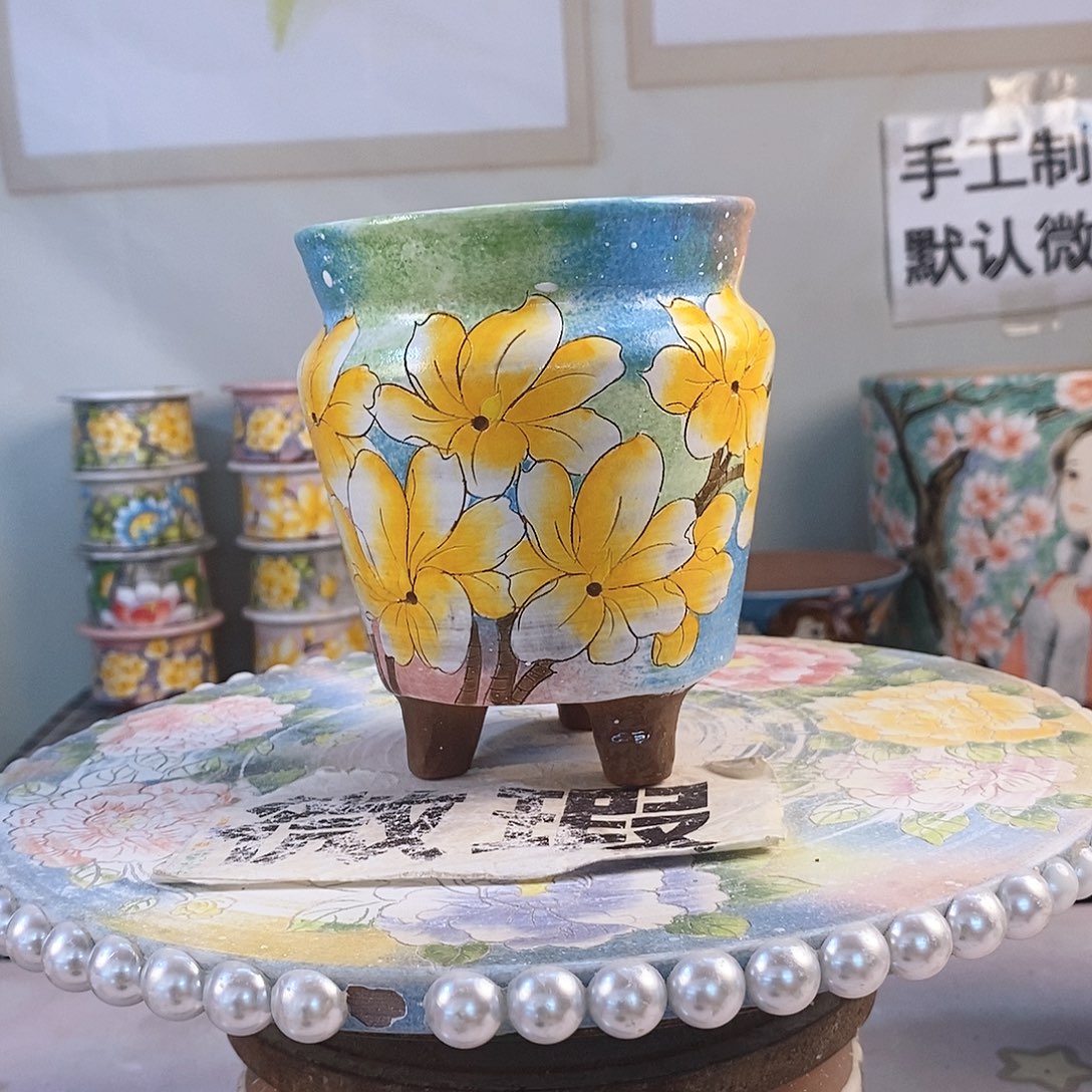 紫砂花盆红陶手绘花盆