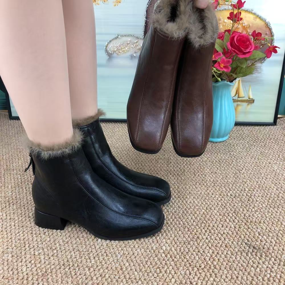 女鞋短 靴秋冬时尚系带粗跟软底加绒女鞋英伦风 侧拉链中筒低跟