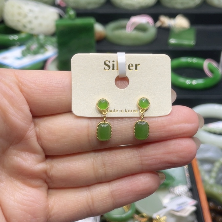 和田玉耳饰银S925镶嵌