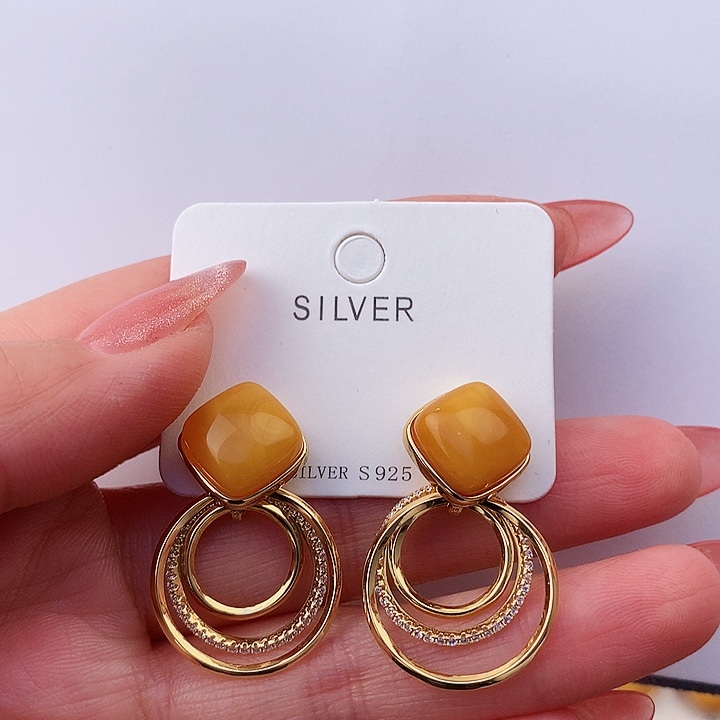 蜜蜡耳饰银S925镶嵌耳饰