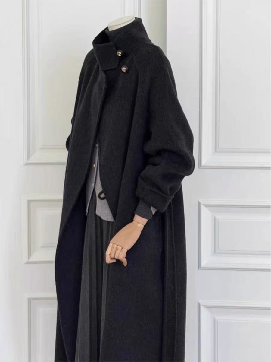 401-500黑色羊毛呢外套千金风中长款宽袖女士气质