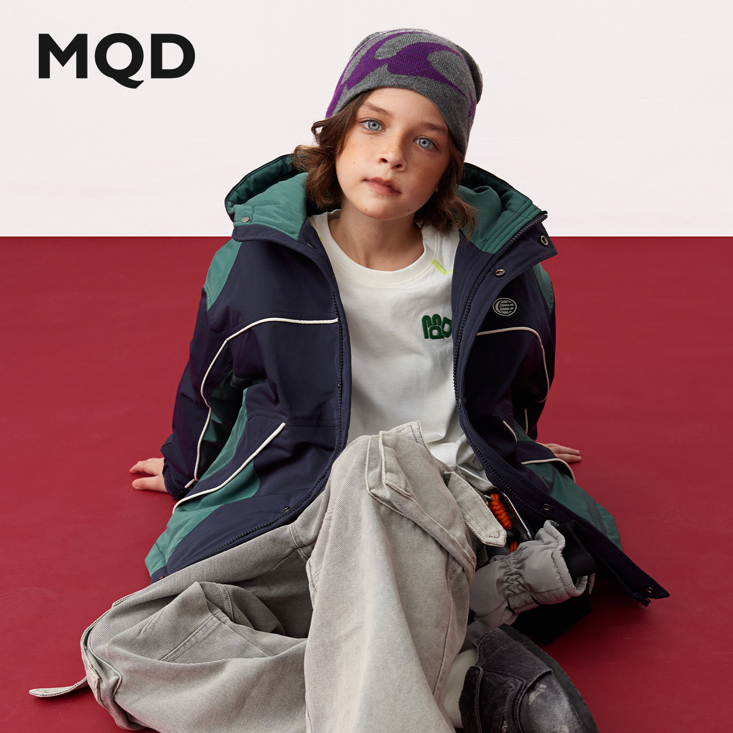 MQD儿童时尚羽绒服户外连帽拼接撞色中大童潮流保暖秋冬休闲运动