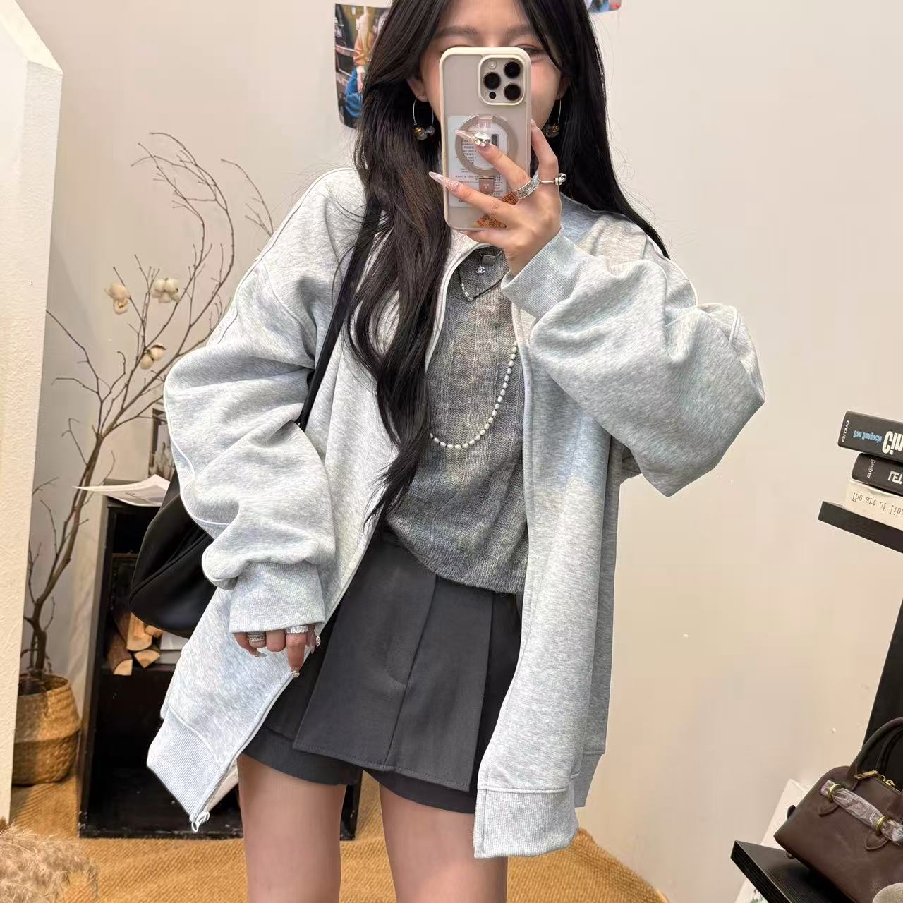 卫掌柜【玛瑙灰】2025新款上新美式复古灰色卫衣拉链秋冬宽松外套