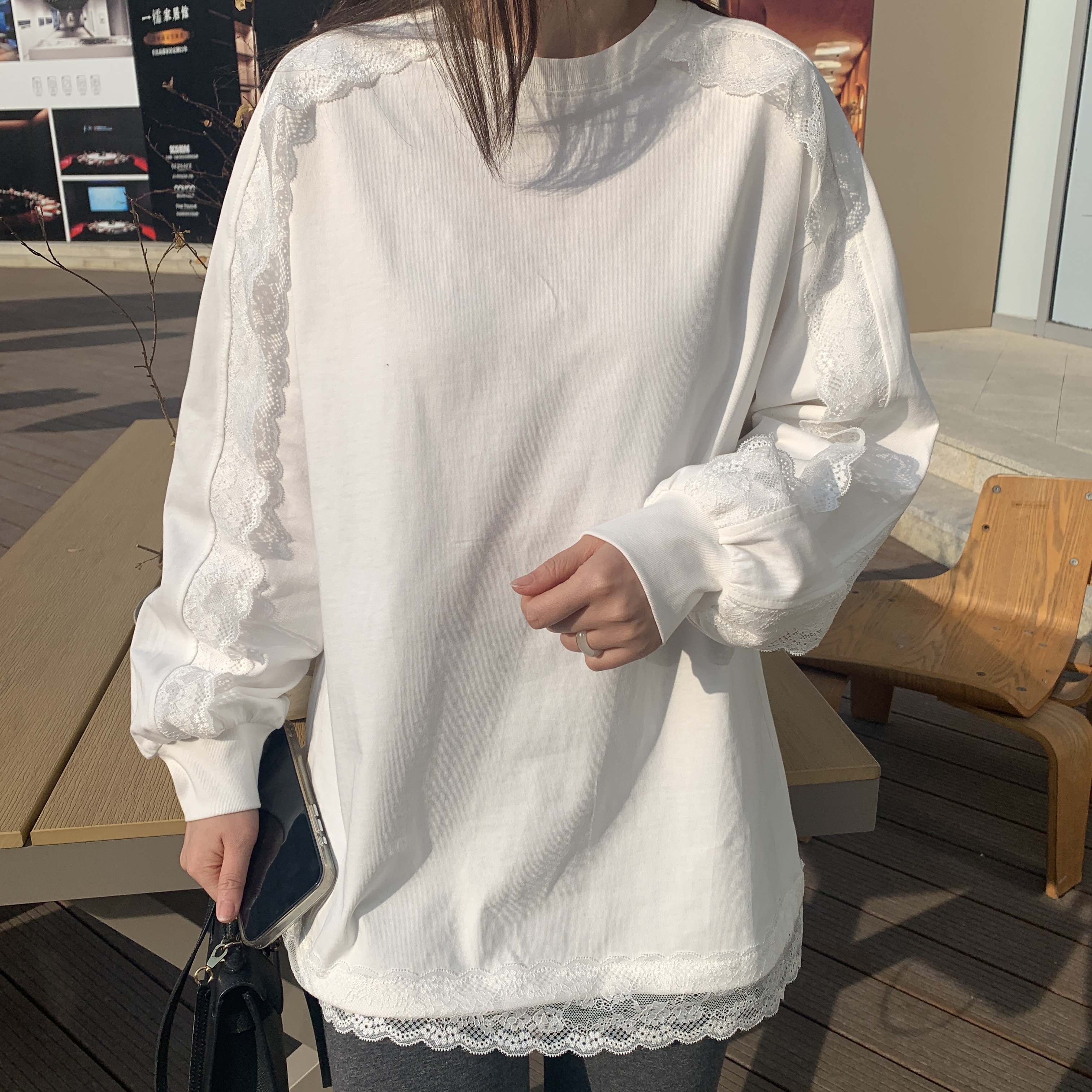 女装袖子蕾丝钩花加绒卫衣T冬款时尚百搭白色休闲宽松纯棉tx014FF