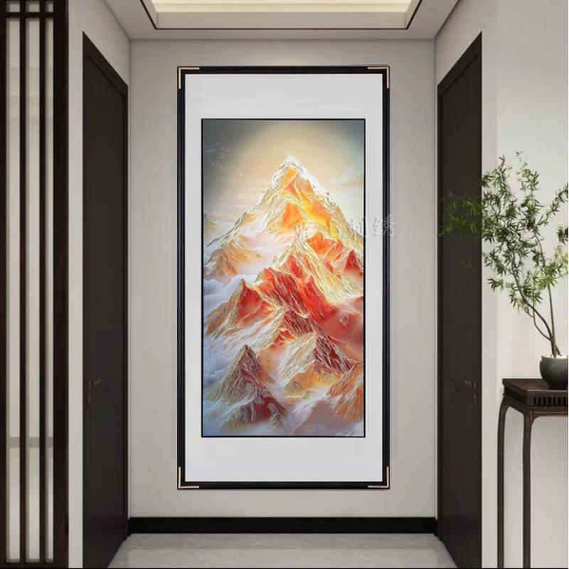 手工錾刻 铜雕画《日照金山》玄关走廊装饰画 新中式餐厅竖版挂画