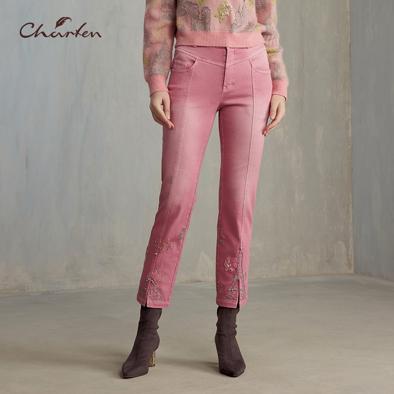 CHARFEN朝峰秋冬季复古高腰高弹刺绣显瘦牛仔长裤CFE5F122-1081D
