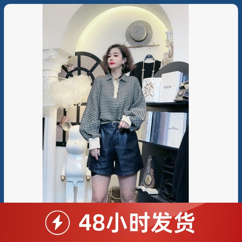 D25121010韩系复古甜辣风纯欲格子衬衫时尚女新款修身显瘦上衣