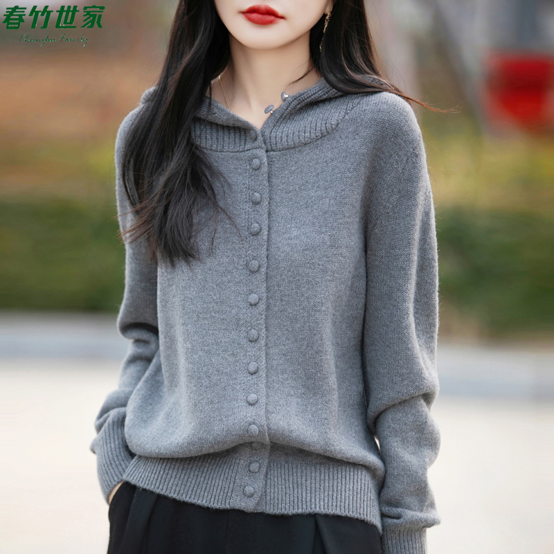 春竹世家纽扣连帽羊毛开衫女外套毛衣设计感宽松休闲羊绒帽衫上衣