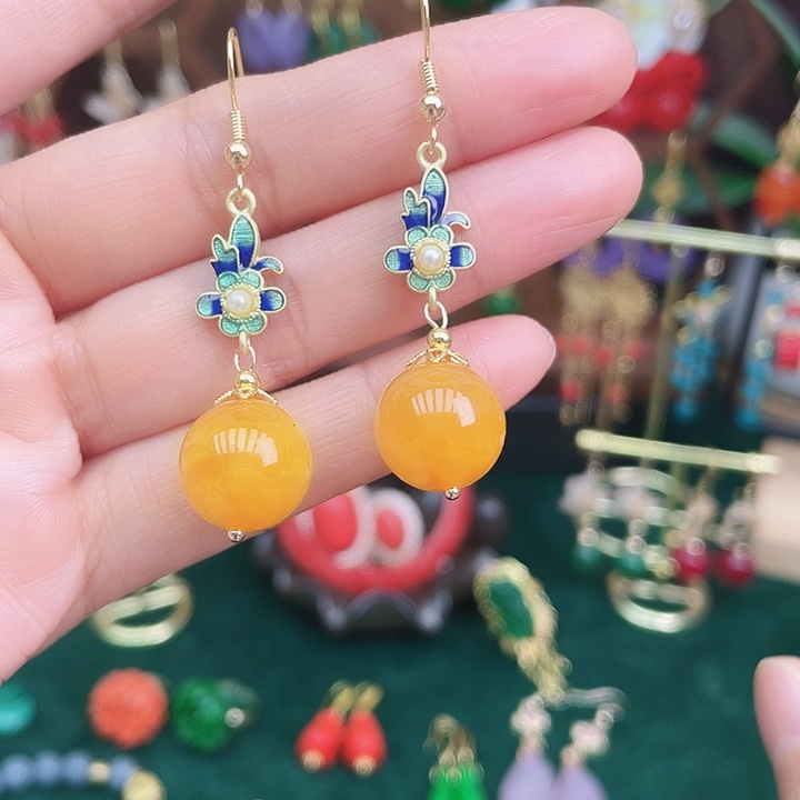 琥珀耳饰未镶嵌蜜蜡14毫米