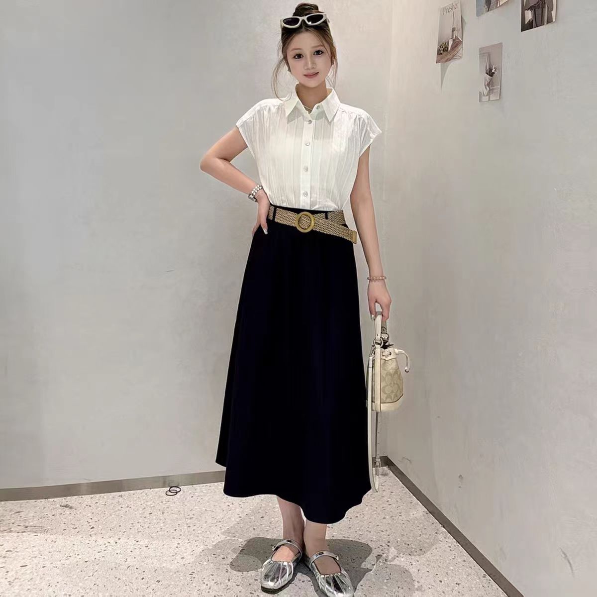 （0395）拼接休闲风裙子短袖时尚套装静奢风长裙衬衫优雅大气