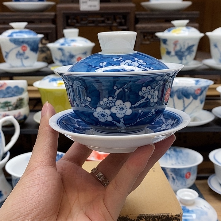 手绘冰梅盖碗150cc釉下彩微瑕福利款