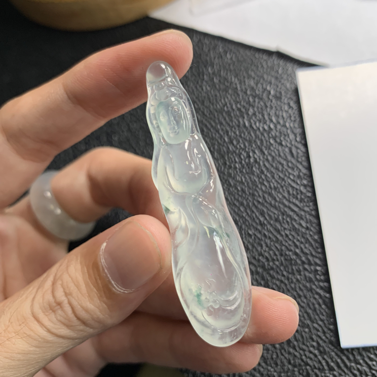 天然缅料a货翡翠站观音58.1×15.3×15.4mm