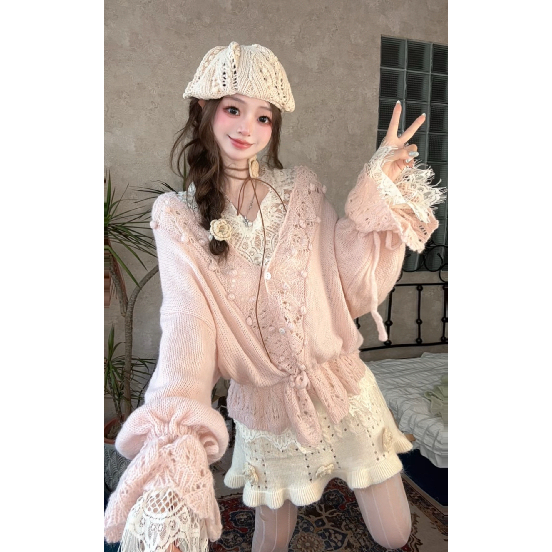 ｛樱花毛茸茸｝粉色针织毛衣女早秋款 宽松慵懒松弛韩系