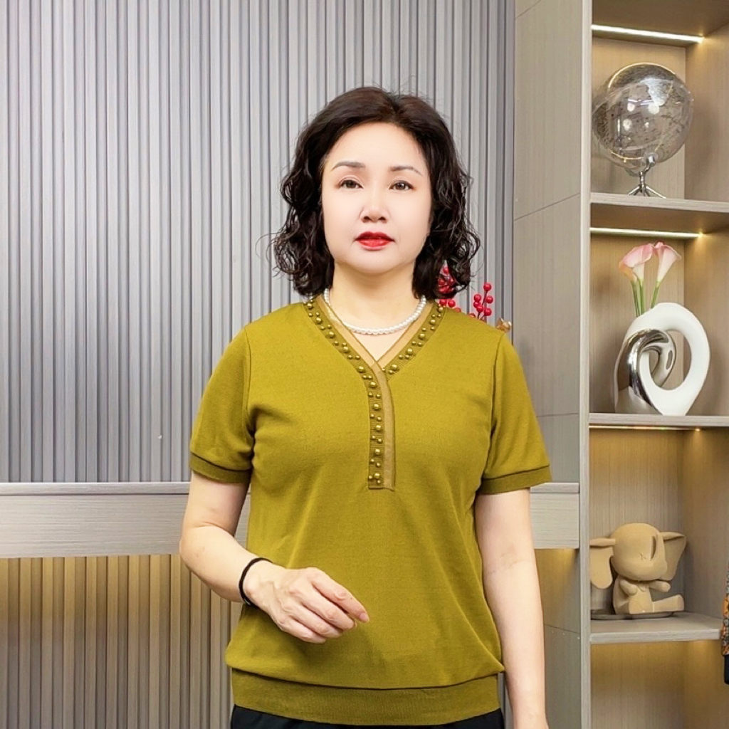 钉珠纯色宽松型时尚中老年女装打底衫针织夏装t恤国风百搭妈妈装