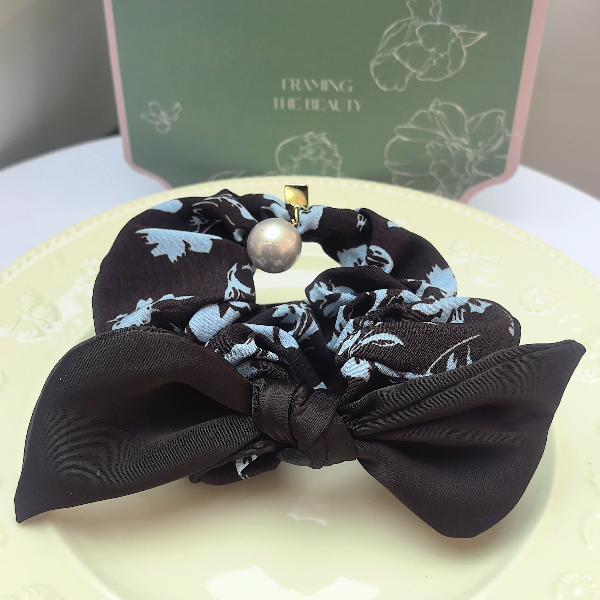 新款精致轻奢蓝咖色碎花领结时尚百搭发圈WM-953