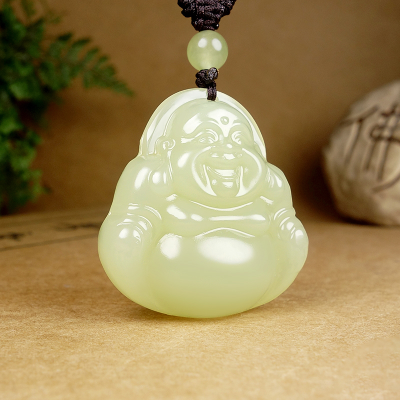 （甜甜）纯天然晴水色双面雕刻弥勒佛公吊坠 