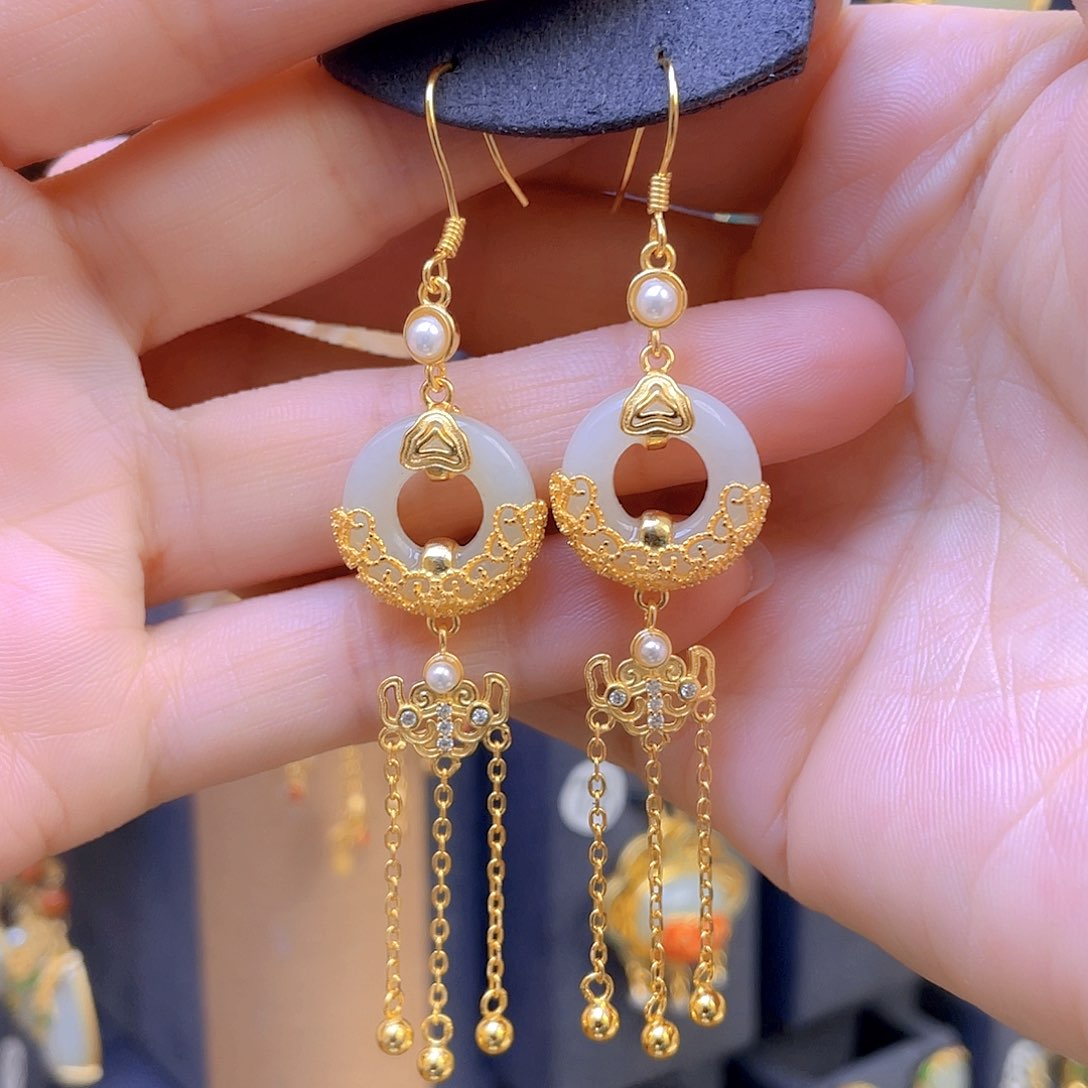 和田玉耳饰银S925镀金镶嵌