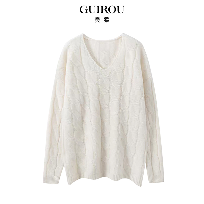 【100%绵羊毛】V领绞花针织衫上衣女2025秋冬新款慵懒风打底衫毛衣