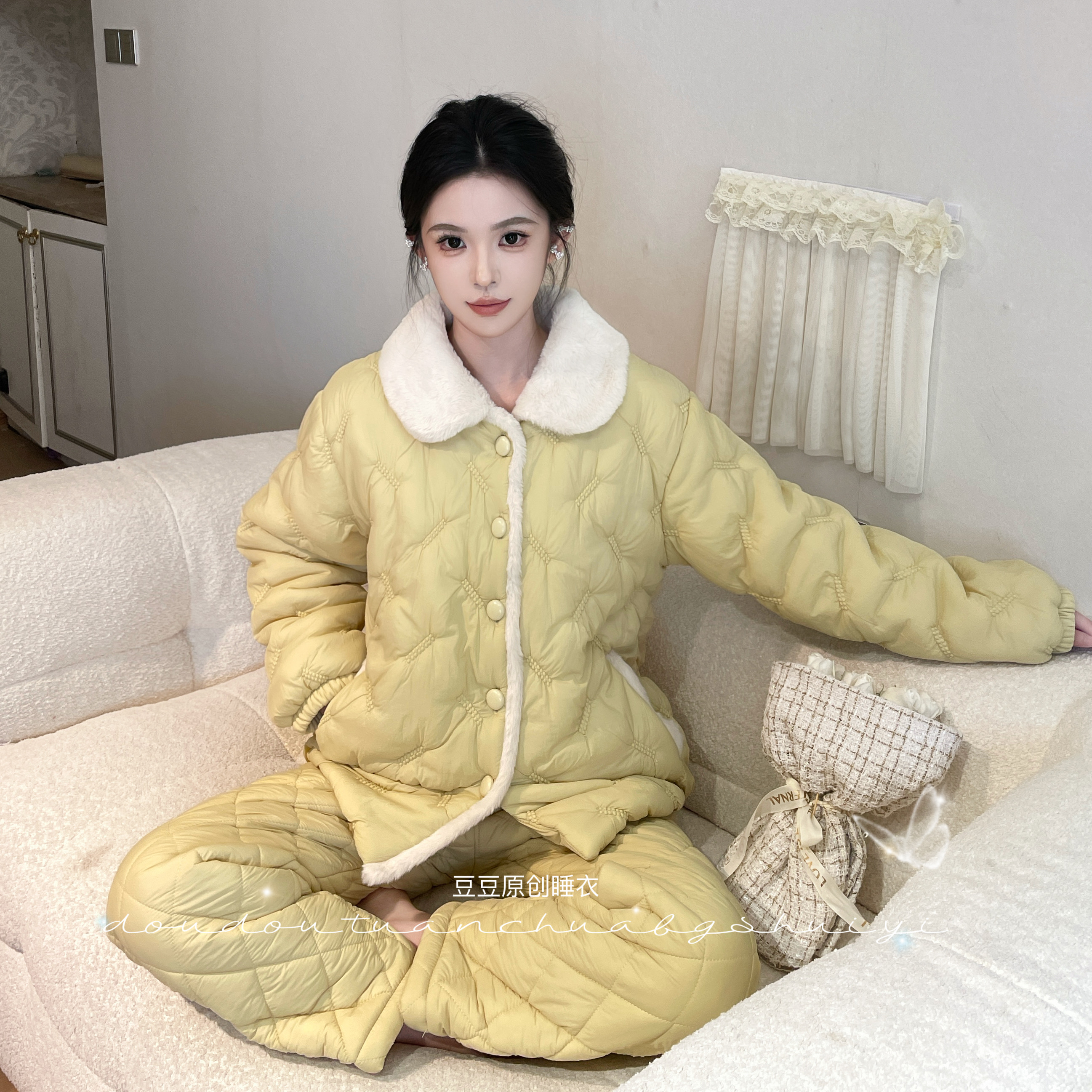 豆豆2【栖云】新中式夹棉厚绒两件套家居服可外穿睡衣套装保暖