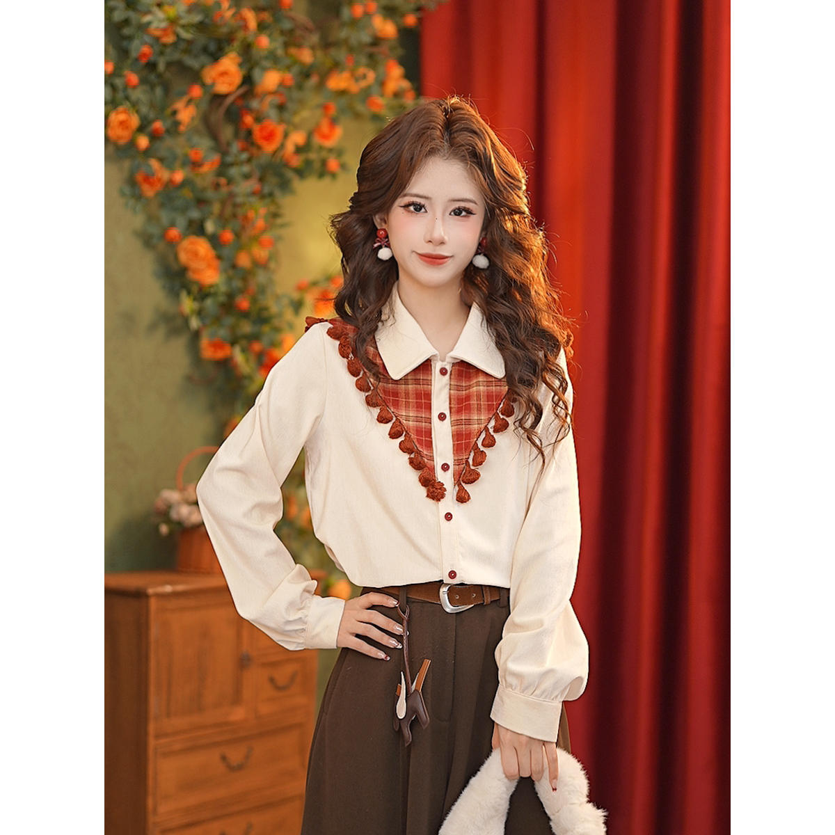 DaYuanSAD张嘉圆拼接格子长袖衬衣上衣女秋冬季内搭衬衫#S14944