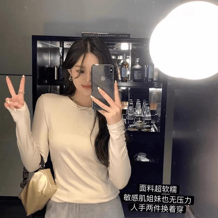桑蚕丝圆领中领羊毛螺纹打底衫保暖显瘦上衣2324