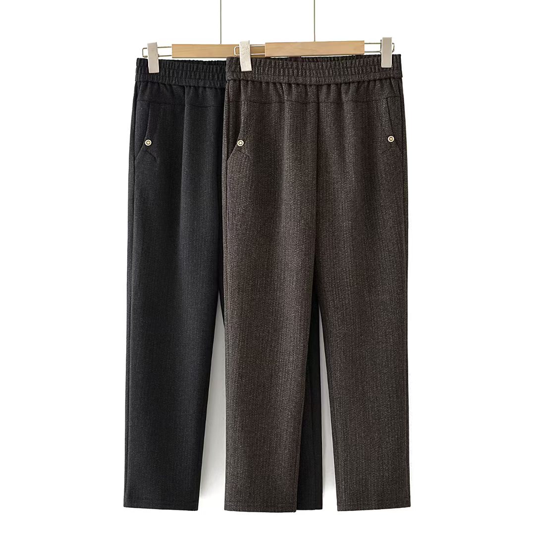 宽松型纯色厚款宽松中老年女装秋冬季毛呢裤子松紧腰休闲小直筒裤