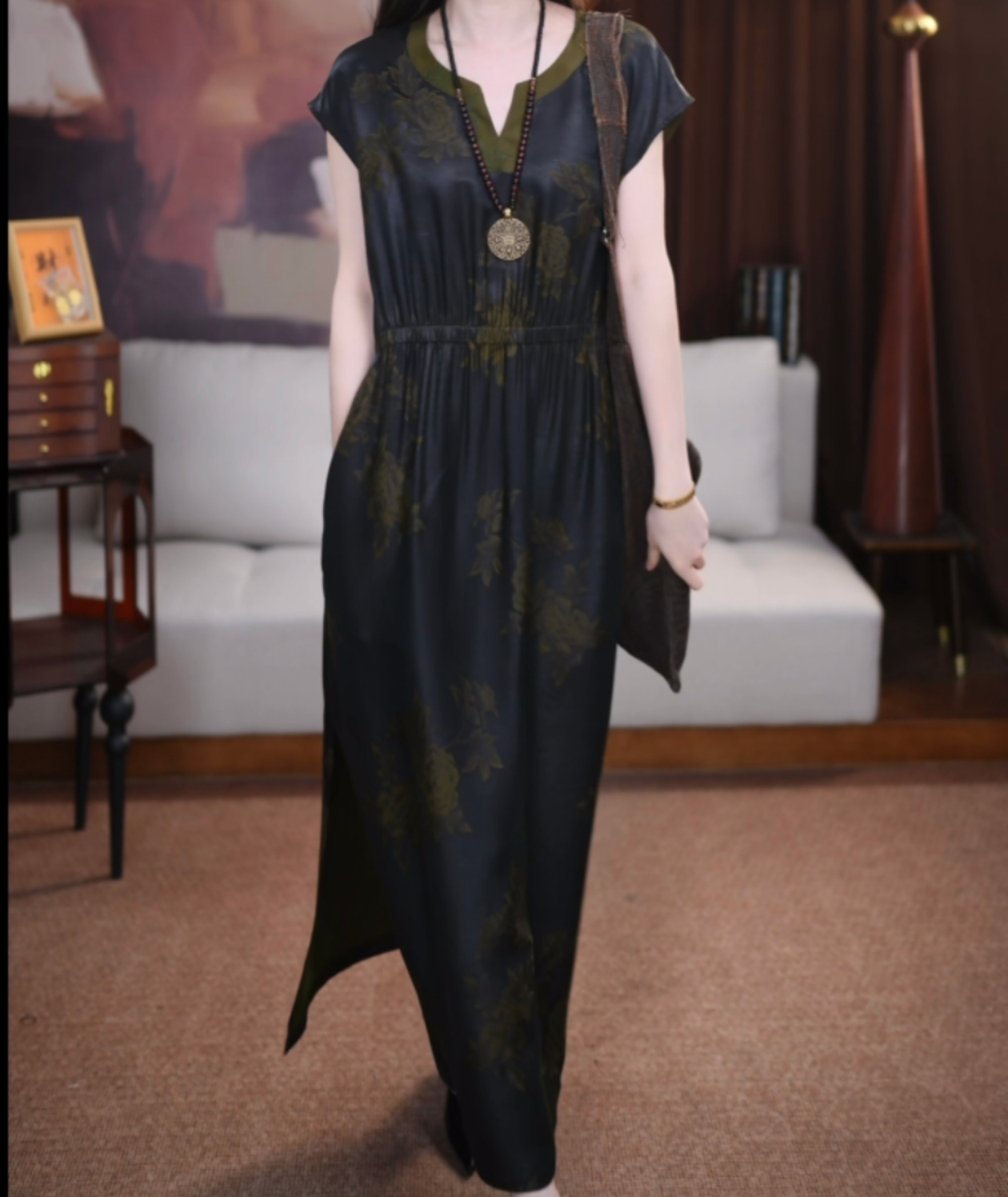 【芊予】香云纱长款百搭时尚宽松春夏清凉气质新中式国风连衣裙