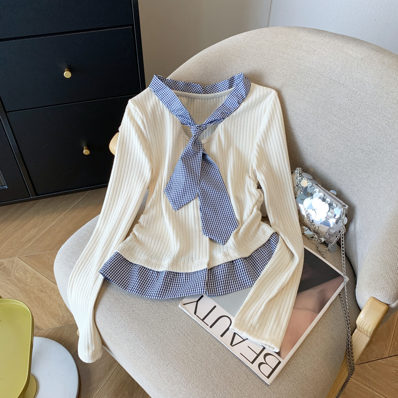 韩系氛围感英伦时尚短款修身假两件格纹拼接针织衫恤女长袖学院风