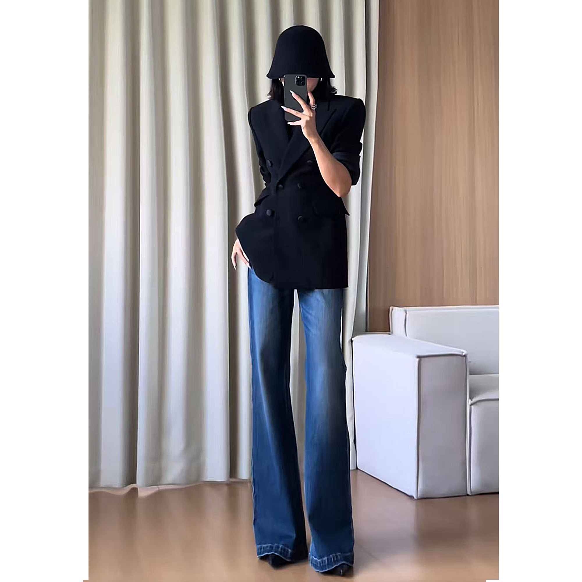 高腰阔腿裤，拖地阔腿裤喇叭裤秋冬加绒牛仔高级面料设计感牛仔