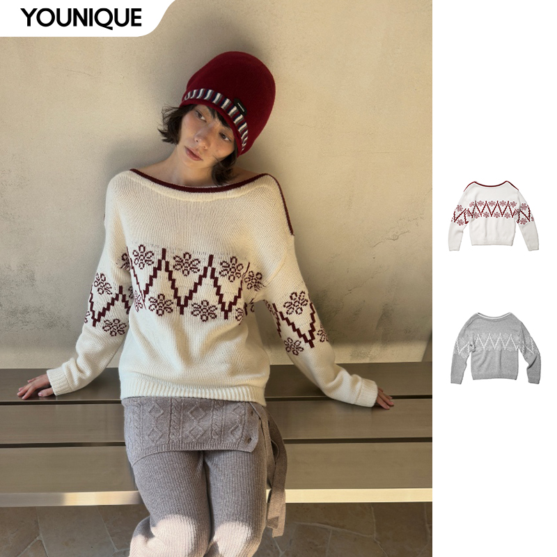 【MANZANILLA】新品25秋冬费尔岛雏菊提花一字肩毛衣女