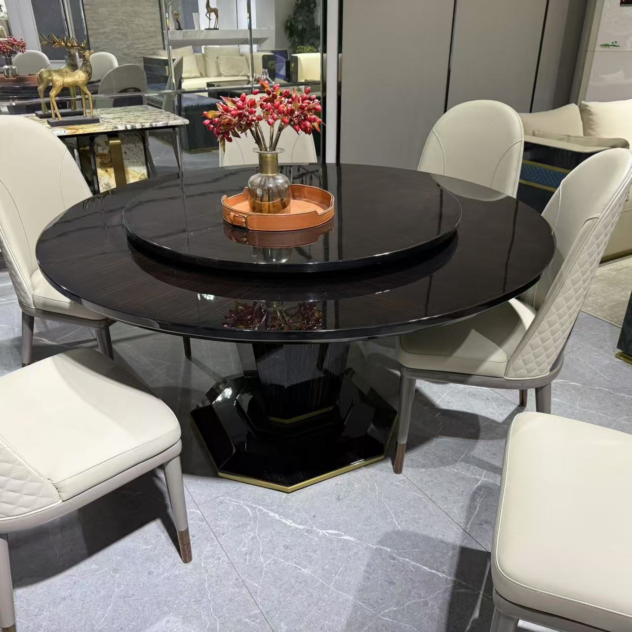名奢圆餐桌金丝黑檀高亮光烤漆实木餐桌转桌轻奢风意式高奢风