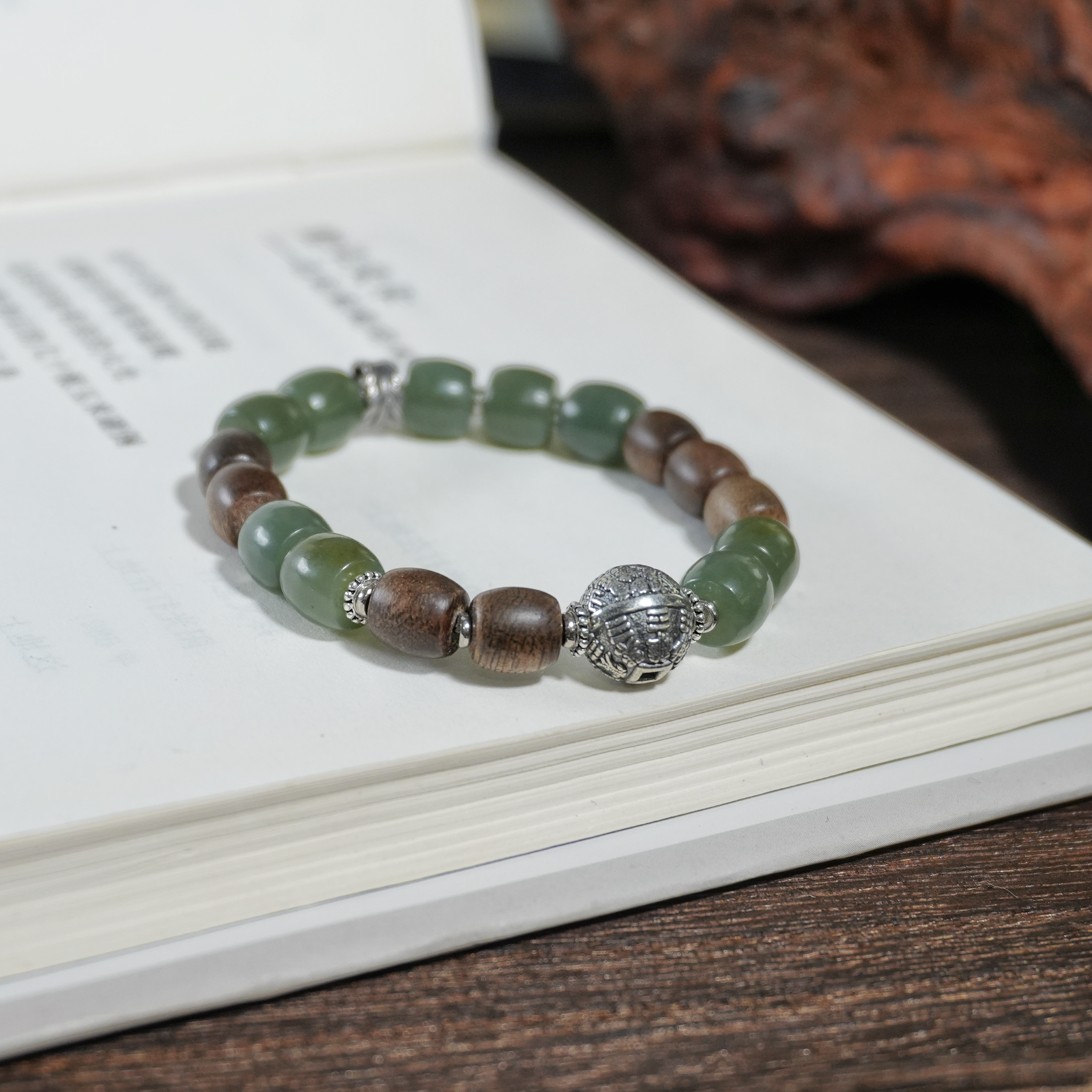 F728 |夏序| 和田玉银S925镶嵌 和田桶珠莲花手串