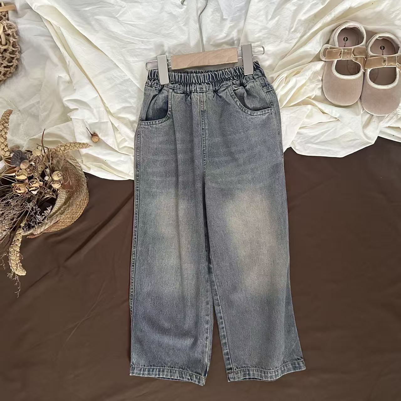 新款春秋款女童复古牛仔裤时尚洋气休闲裤儿童做旧直筒阔腿长裤子