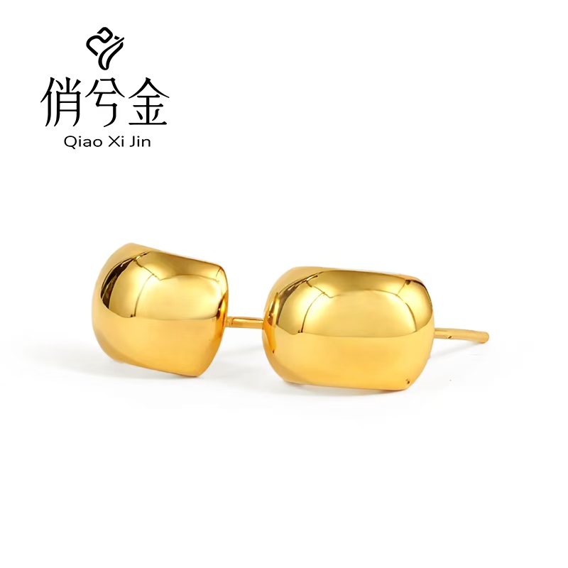 俏兮金 黄金素款椭圆百搭个性耳饰