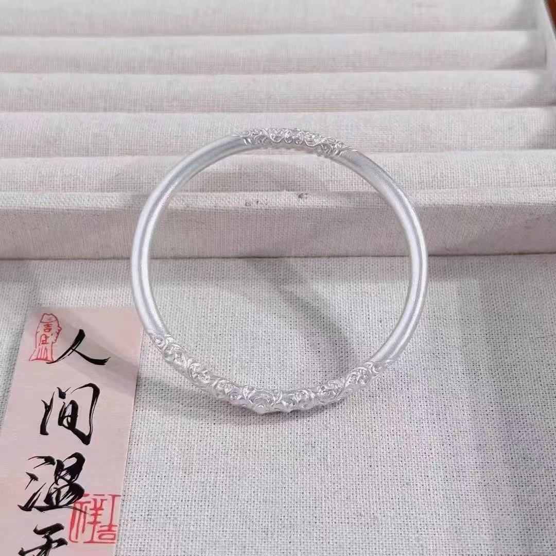 足银手镯 足银手镯999.9古法实心卷草纹纯银女手镯闭口