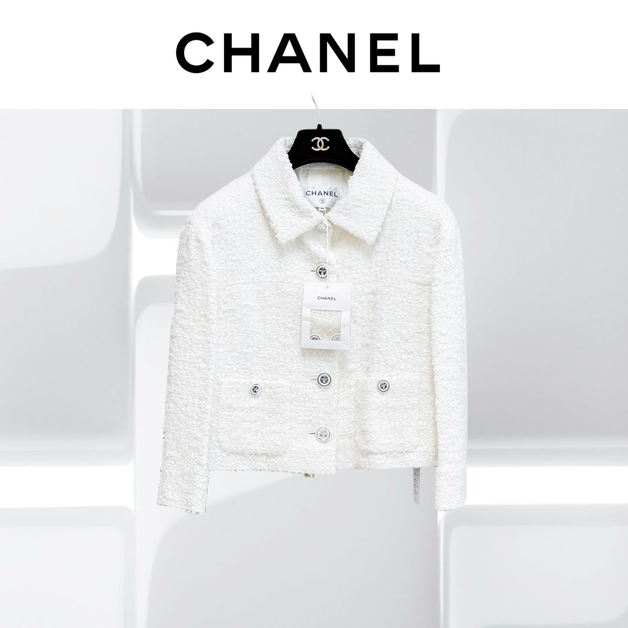 99新 Chanel/香奈儿 38码19C游轮系列白色娃娃领软呢外套