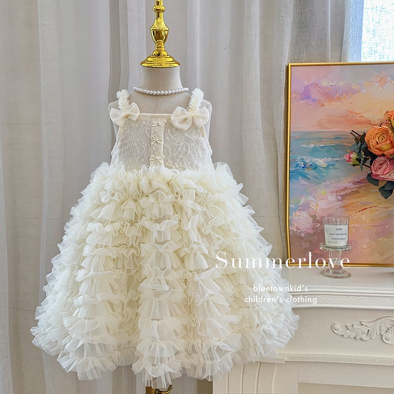 【本妈】2025夏”白茶清欢”女童吊带蝴蝶结蛋糕连衣裙T25109 35