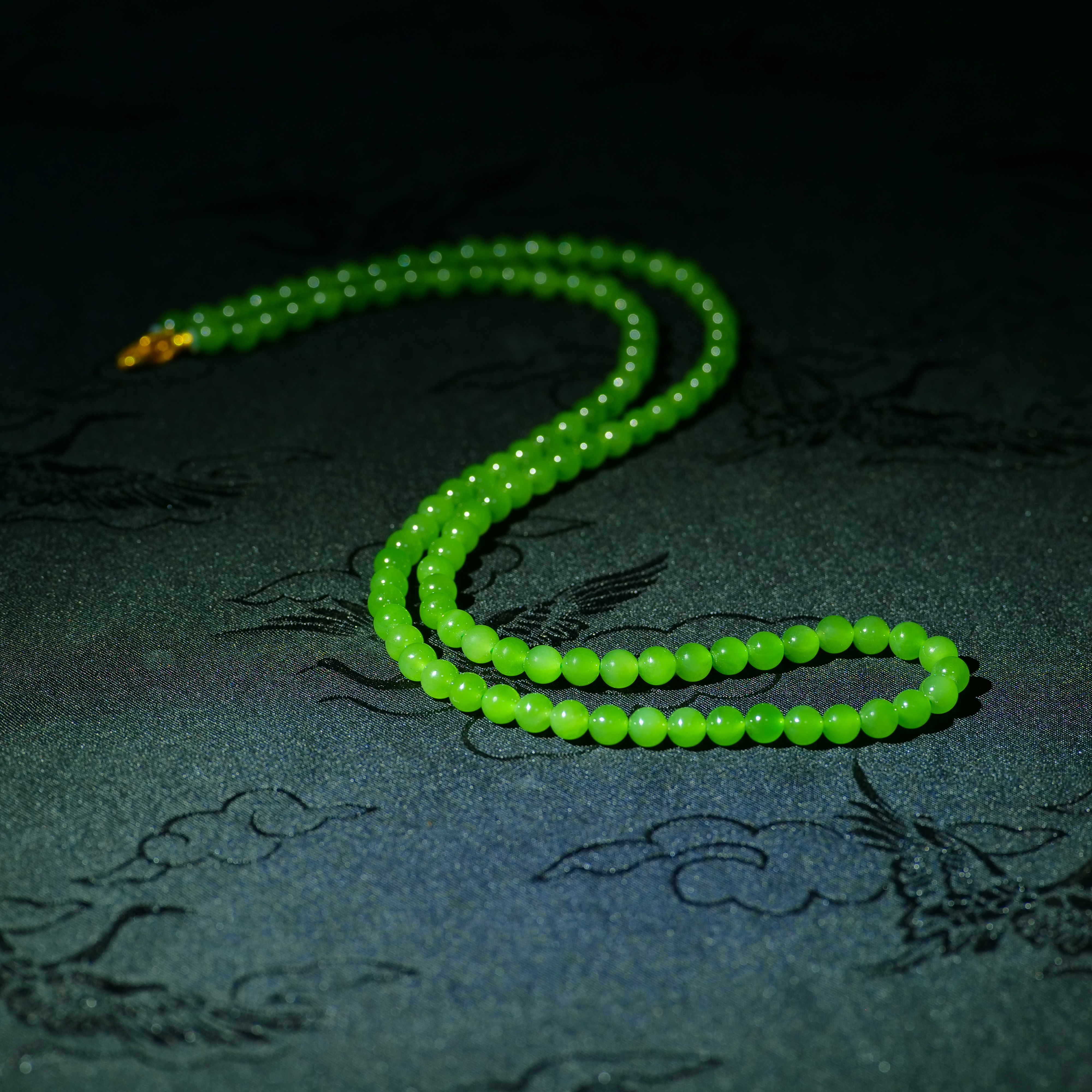 【小雨来了】18k金 和田玉6mm苹果绿108颗长链 珠宝项链 