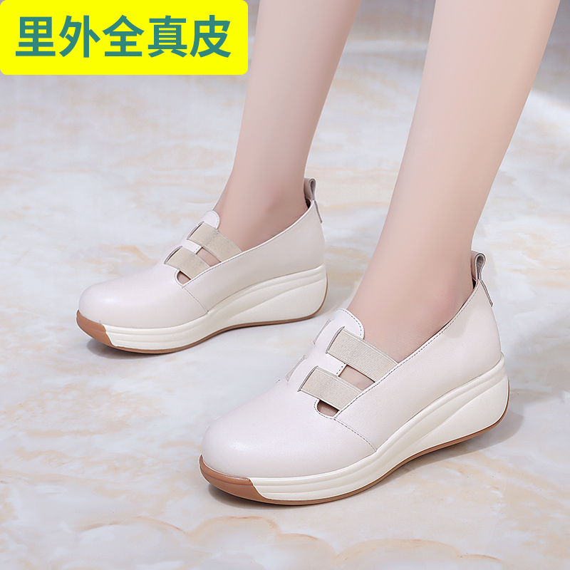 头层牛皮坡跟舒适休闲单鞋圆头防滑乐福鞋内外真皮松紧带松糕女鞋