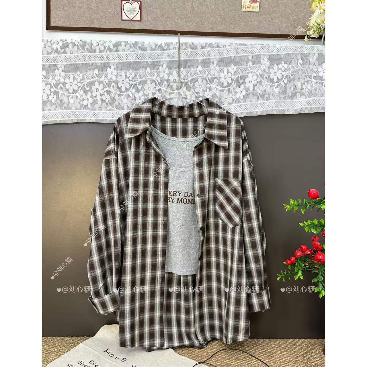 刘心糖【焦糖玛奇朵】秋季咖格两件套韩版休闲衬衫宽松型