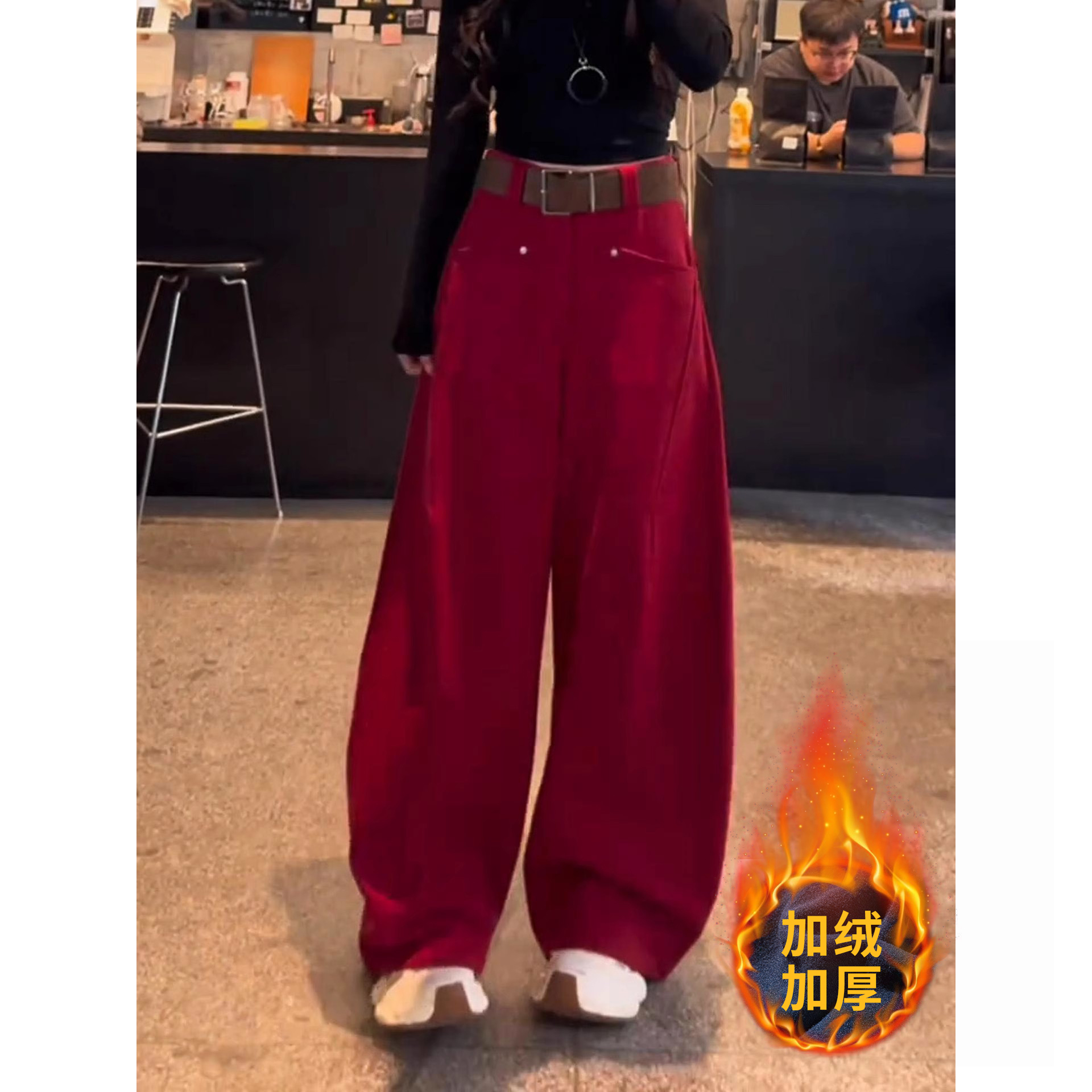 红色弯刀休闲裤子女2025新款秋冬加绒加厚独特超好看慵懒风阔腿裤