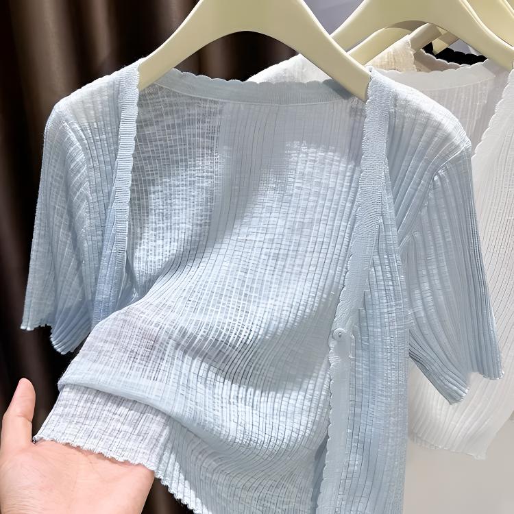 短款宽松外搭小开衫浅蓝色针织T恤短袖显瘦气质薄款洋气百搭上衣