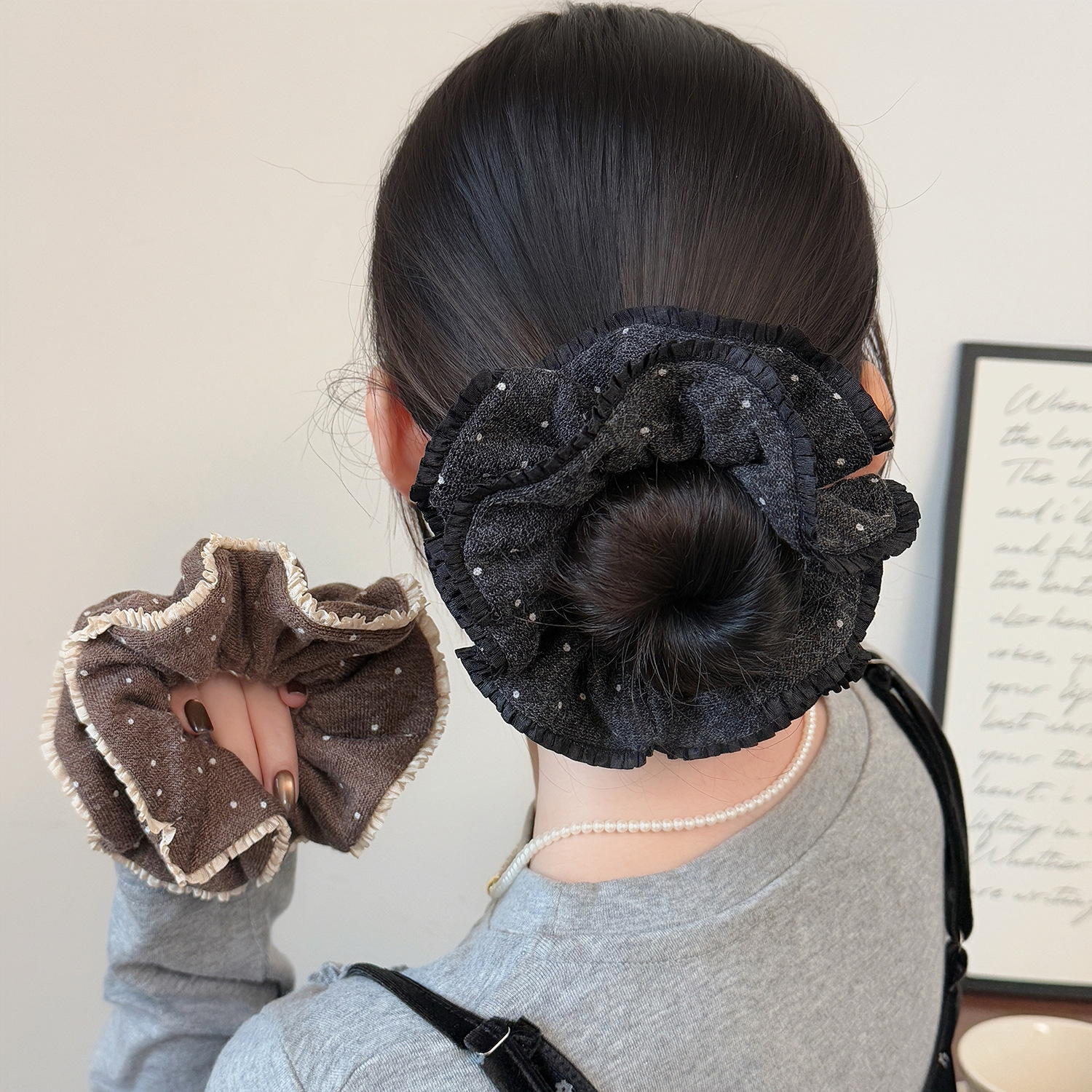 针织波点褶皱花边大肠发圈女双层新款秋冬时尚头花发绳不伤发发绳