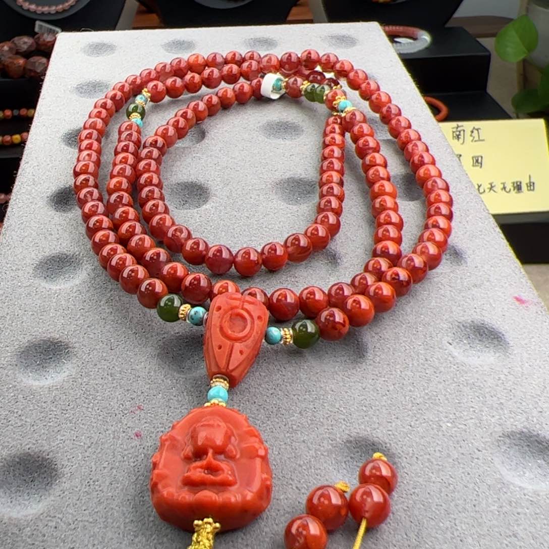 南红玛瑙高品牛血火焰长链5+银S925镶嵌