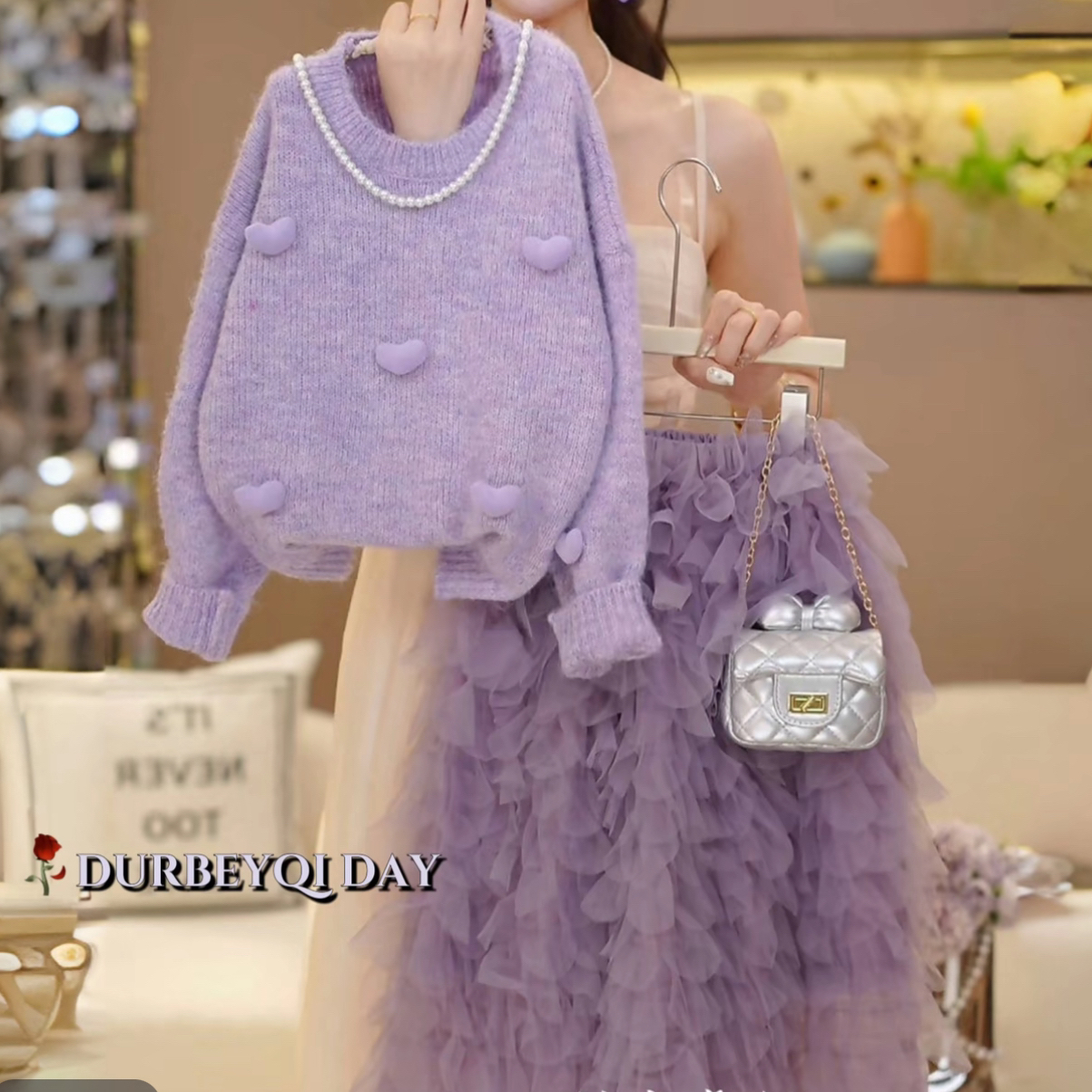 【秋上新】女童秋季毛衣洋气爱心针织衫网纱裙子两件套D