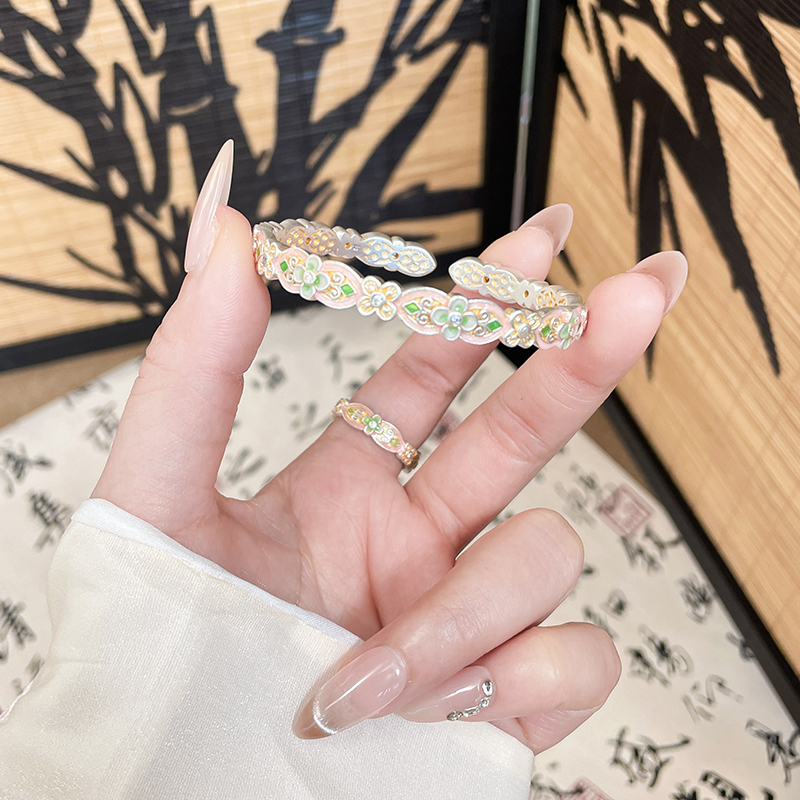 足银手镯 「蒹葭扶光」足银999.9花朵纯银手镯女描金珐琅彩银镯七夕