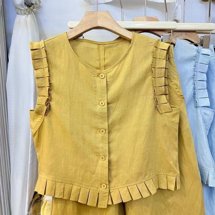 夏季新款木耳边无袖上衣搭配阔腿裤时尚洋气显瘦套装荷叶边