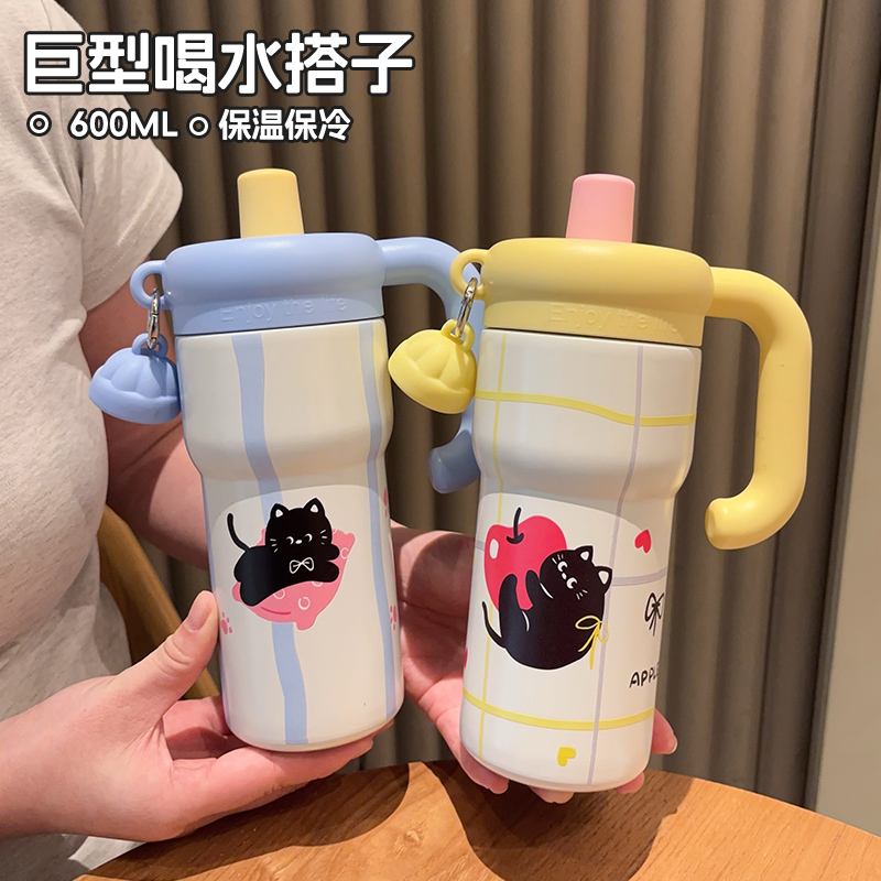 新款316猫咪冰霸杯夏季便携吸管杯茶仓泡茶杯